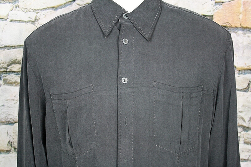 BUGATCHI UOMO Men's Exquisite Silk Shirt Black White Stitch Inverted Pockets L - Picture 7 of 14