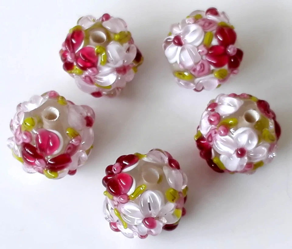 10 piezas cuentas redondas de vidrio de murano hechas a mano rosa rojo flor 15 mm Foto 3 de 4