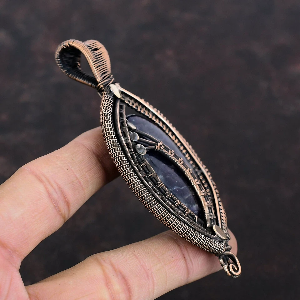 Colgante envuelto en alambre de piedra solar de iolita hecho a mano cobre regalo joyería 3,94" Foto 4 de 4