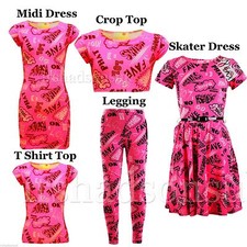 KIDS GIRLS LOL COOL GRAFFITI TROUSER LEGGING SKATER MIDI DRESS CROP TOP T SHIRT