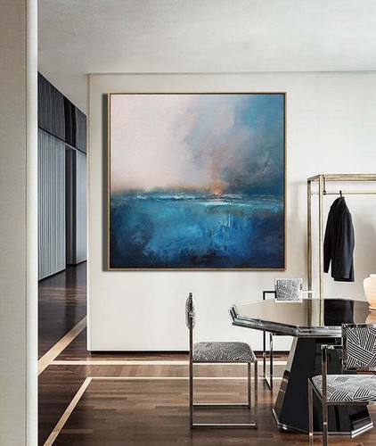 Large Original Sea Level Blue Oil Painting Wall Art Blue Abstract Painting Sky