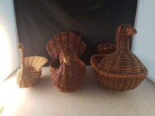 Swan Handle Wicker Basket Goose Duck Bird 4x4.75" 9x5.5" 7.5x7" Set of 3 VTG