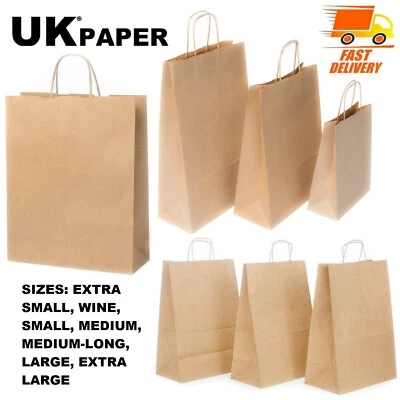 BROWN PAPER BAGS WITH HANDLES SMALL LARGE 100 50 10 FOR GIFT SWEET PARTY CARRIER - Image 1 of 4