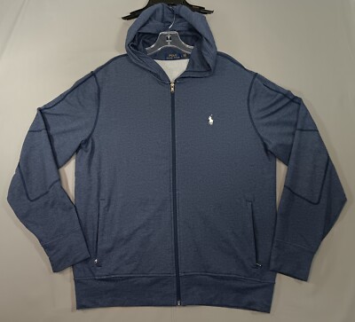 Polo Ralph Lauren Hoodie Full Zip Men's Large Blue Zip Pockets Reinforced Elbows