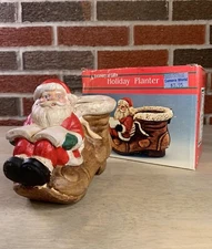 Vintage Artmark’s Christmas Santa w/Book Sitting on Ceramic Boot Shoe Planter