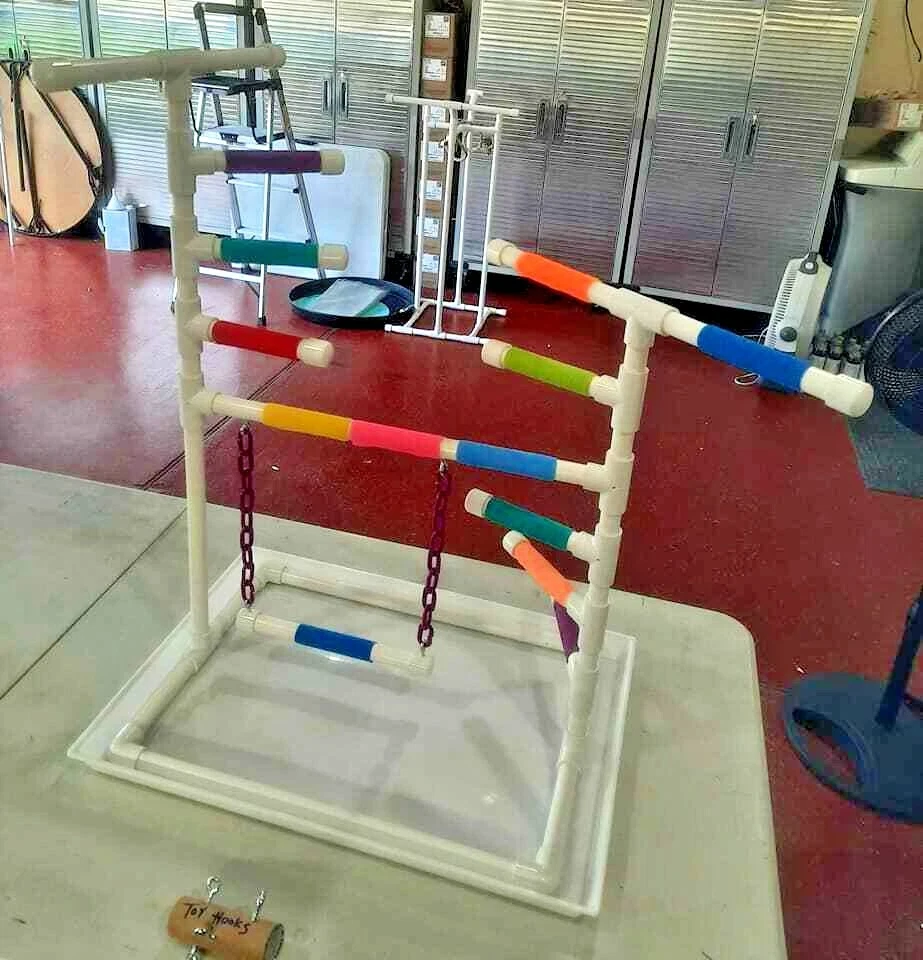 PERCH PERFECT BIRD SPECIALTIES Medium 3/4" PVC Parrot Perch Fun GymStand with STEPS, PAN and SWING!