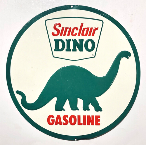 Insegna rotonda in metallo goffrato Sinclair Benzina Dino