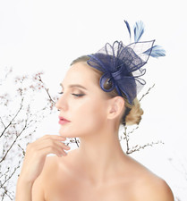 Navy Feather Wedding Fascinator Bow Woman Headpiece Cocktail Party Headband