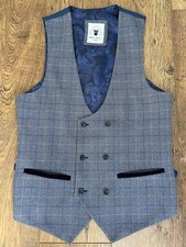 Marc Darcy Waistcoat Size 36 Harry Blue Check Double Breast Tweed NWOT