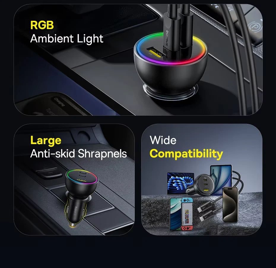 Carro Baseus carregamento rápido 152,5W com cabo 100W PD3.0 QC4.0 USB tipo C carregador - Imagem 4 de 4