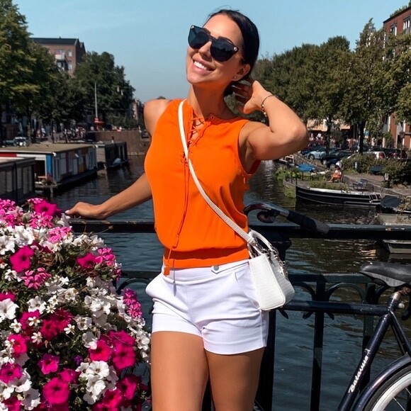 Bebe silky orange lace up top | eBay