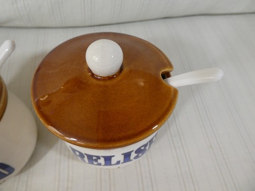 Vintage Condiment Crock Style Mustard Relish Ketchup w/ Spoons Japan MCM Set - Picture 5 of 24