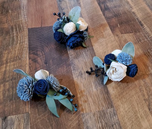 Dusty Blue Navy White Wedding Cake Flowers 3PC Artificial Sola Wood Decorations - Picture 2 of 3
