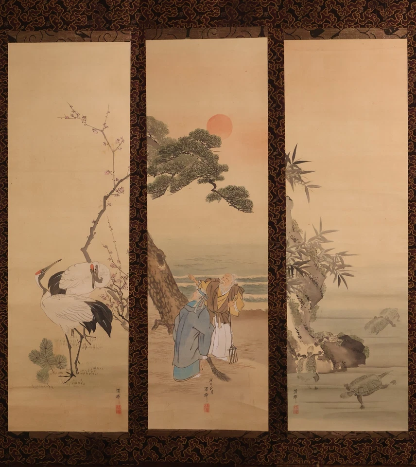 Японский висячий свиток с ручной росписью KAKEJIKU 3 шт. от Yokoyama Seiki эпохи позднего Эдо - Изображение 2 из 4