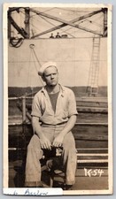 Vintage 1940s US Navy Sailor Photo on Ship Deck WW2 Era Black White