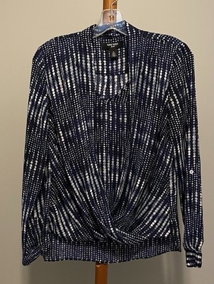 Women s Nine West Navy Blue Layered Crossover Long Sleeve Top Dot Pattern Size S