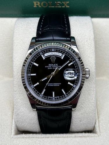 2018 Rolex DayDate 118139 White Gold 36mm Box Papers Serviced Polished New Strap