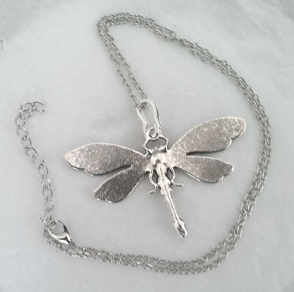 New Silvertone Detailed Earthtones Enamel & Crystal Accented Dragonfly Necklace - Image 3 of 4