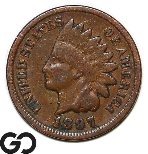 1897 Indian Head Cent Penny, 1 in Neck, Fine Better Date Error