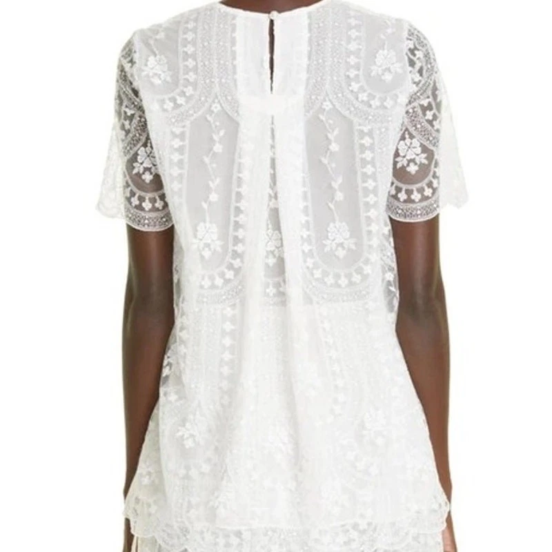 Blusa ADAM LIPPES Marfil Floral Bordada Tul Festoneado Talla 8 Foto 2 de 4