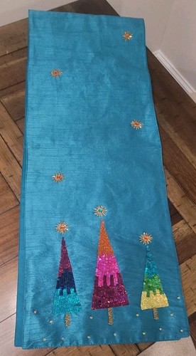 Christmas Tree Table Runner by Luxehabitat Vibrant Teal with Sequins and Beads - Picture 2 of 7
