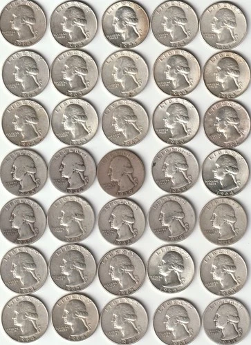 Washington Quarters 1939-1964 Many BU 90% Silver Lot of 35 Mixed Dates