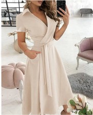 Women's Short Sleeve Wrap Dress V Neck Midi with Self Tie Belt and Side Po
