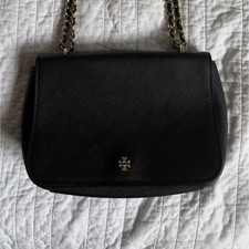 Tory Burch Black Small Flap Shoulder Bag Chain Strap Gold Hardware Logo