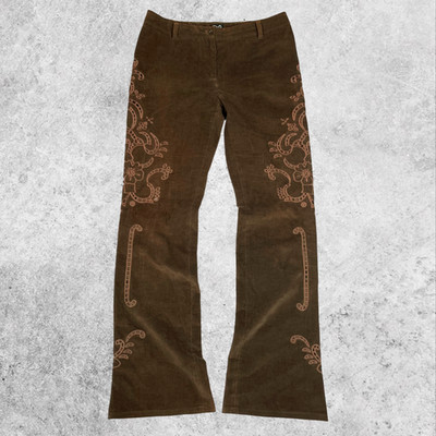 D&G Dolce & Gabbana F/W 2002 Embroidered Lace Corduroy Flare Pants Brown