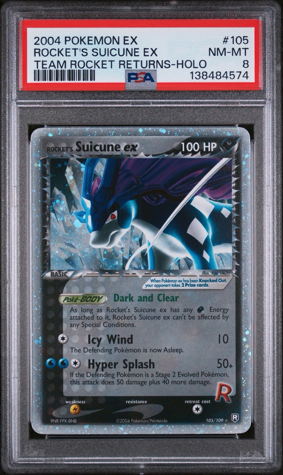 2004 POKEMON EX TEAM ROCKET RETURNS #105 ROCKET'S SUICUNE EX-HOLO PSA 8 Swirl!