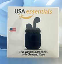 USA essentials True Wireless Bluetooth In-Ear Earbuds, Mic, Case, Black, 10mm