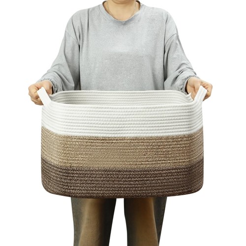 Large Cotton Rope Basket with Handles Rectangle Woven Storage Basket Organize... - Picture 7 of 7