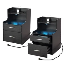 Set of 2 Nightstand Bedside Table 2 Drawers with Charging Station and USB Ports