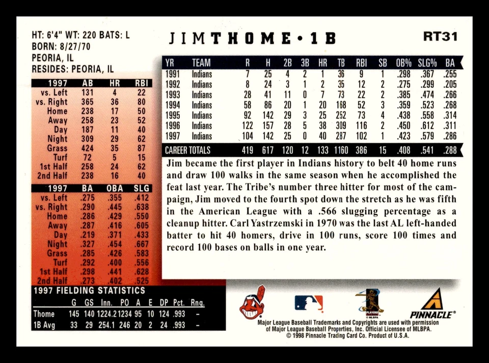 Jim Thome 1998 Score Rookie & Traded #RT31 HOF Cleveland Indians Mint - Image 2 of 2