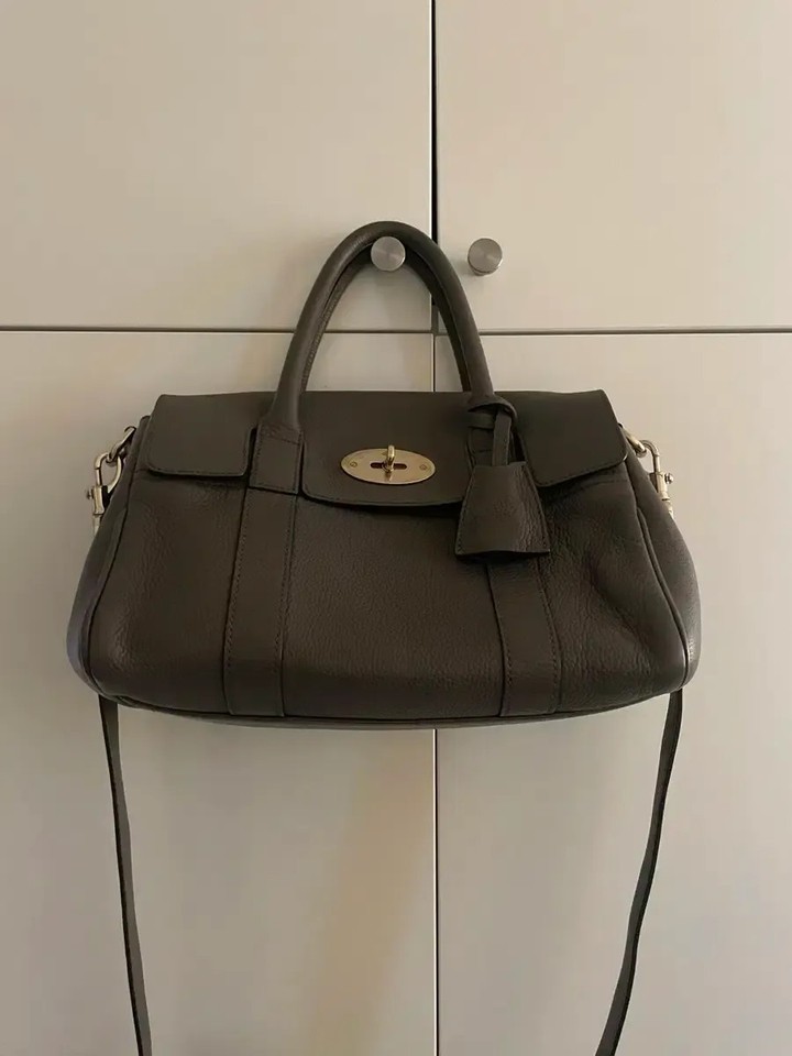 Mulberry Top Handle Bag Small Bayswater Satchel Shoulder Strap Gray Leather Used