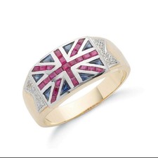 9ct Yellow Gold Union Jack Ring Natural Diamonds Rubies Sapphires Hallmarked UK