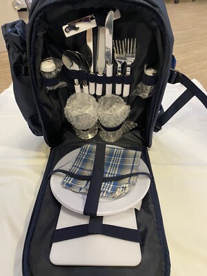 VonShef Plaid Blue 2 - person Picnic Backpack with Blanket New Without Tags VonShef Picnic Backpack, 2 Person Navy Picnic Bag with Full  main image 4