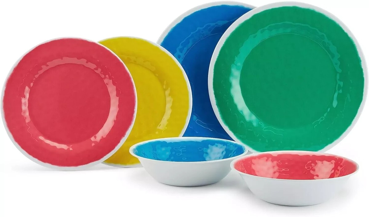 12pc Melamine Dinner Set Colourful Crockery Camping Caravan Motorhome  Tableware