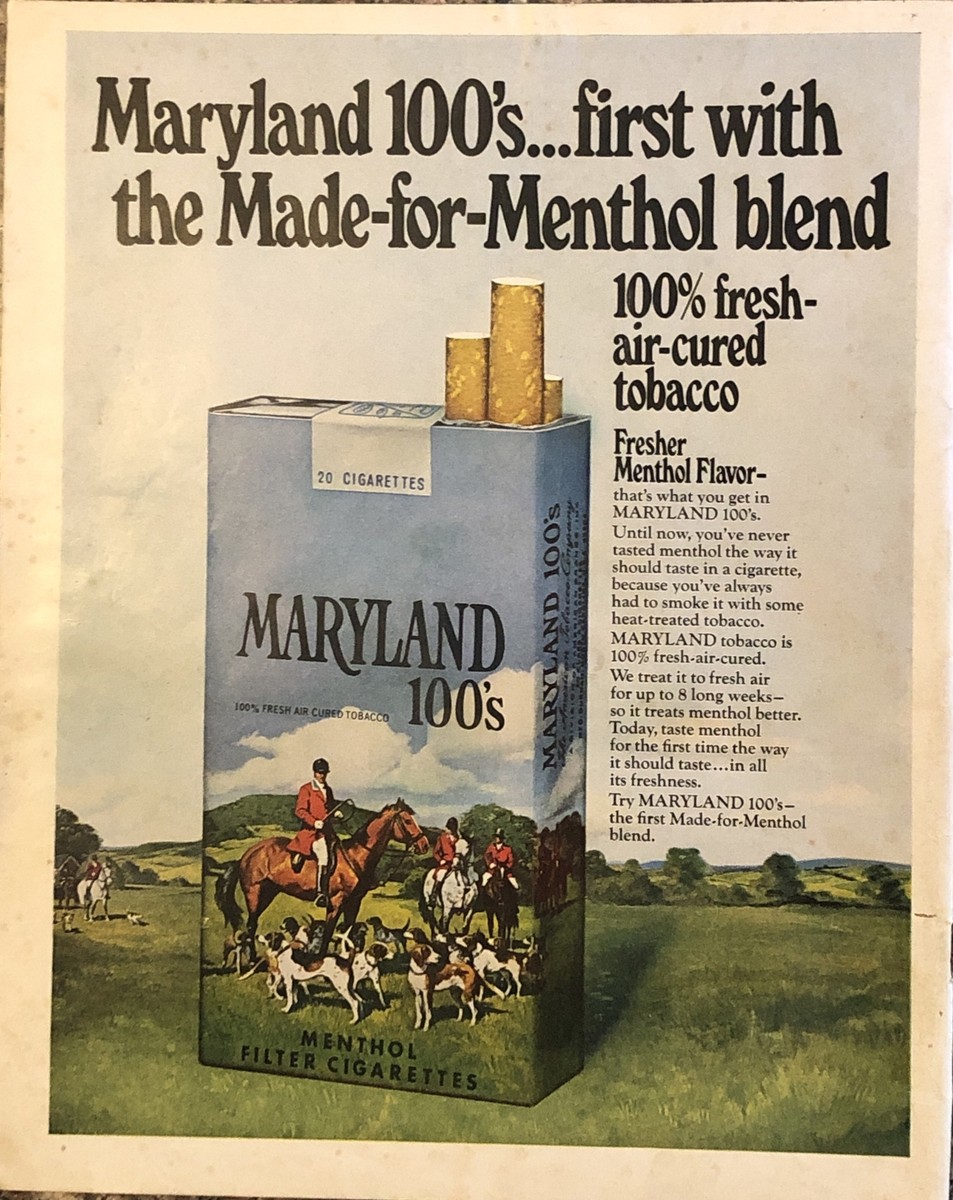 tobacco memorabilia for sale 1970 Maryland 100s Cigarettes PRINT AD Menthol Blend Air-Cured Tobacco VTG  70s