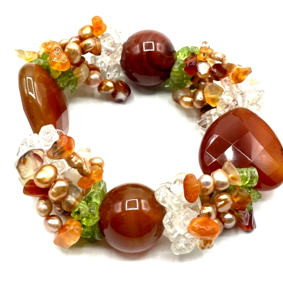 Attraktives SWZ Perlen Peridot Achat Karneol Armband dehnbar B 24 mm neuwertig - Bild 3 von 4