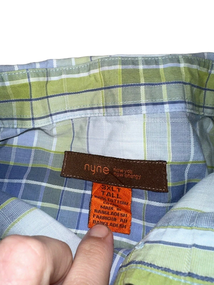 Camisa con botones manga larga NYNE para hombre grande y alta 3XLT azul verde cuadros Foto 3 de 4