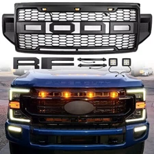 Front Grill For 2020-2022 Ford F250 Super Duty Raptor Style W/LEDs W/Letters ABS
