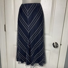 Ralph Lauren Striped Midi Skirt Navy Size 8 Silk Navy Blue Nautical A-line