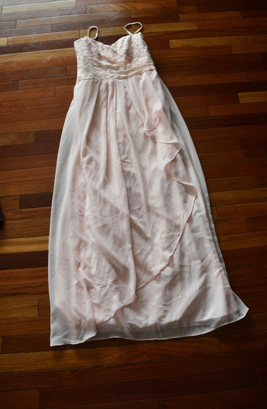 Size 10 Davids Bridal Long BLUSH SHEER Bridesmaid Formal Dress Lace Bodice