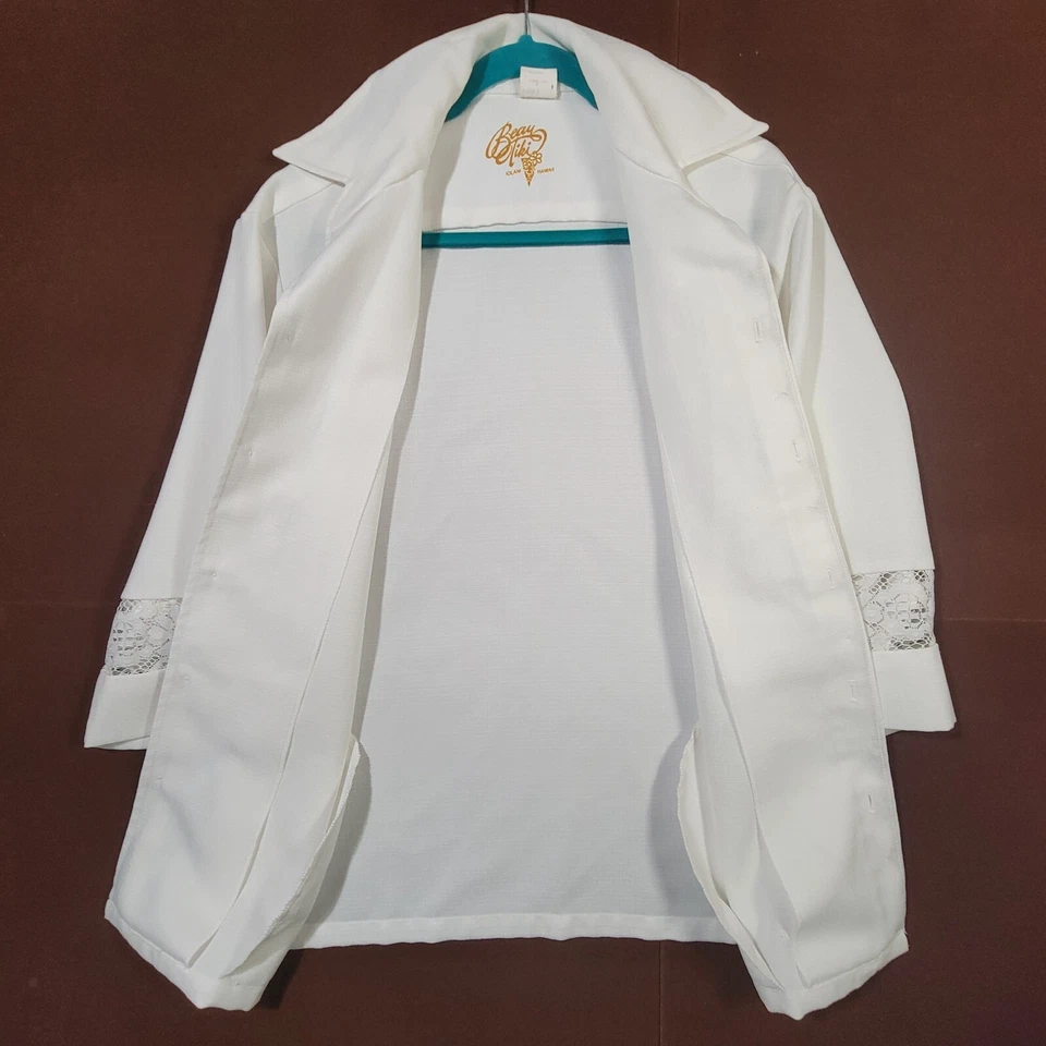 Camisa de Boda Hawaiana Vintage Iolani Beau Tiki Blanca 100% Poliéster Encaje Talla L Foto 3 de 4