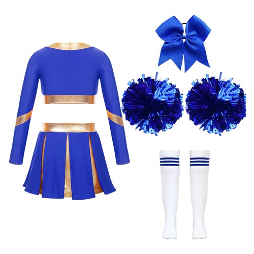 UK Girls Cheer Leader Costume Carnival Party Outfit Pom Poms Headwear Stockings - Picture 32 of 61