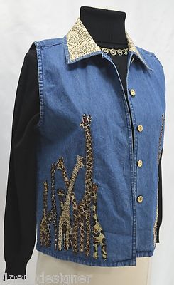 Tantrums blue jean vest beaded giraffe jungle animal denim button up top S NWT