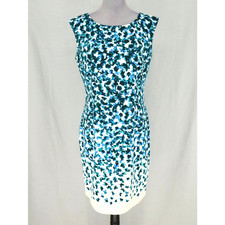 Ann Taylor Dress Womens 8 Blue Green Print Stretch Sleeveless Zip Lightweight