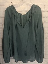 Lovestitch Green V-Neck Long Sleeve Blouse Raised Stitch Pattern EUC Women's L