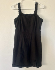 Urban Outfitters Linen Black Solid Smocked Ruffle Strap Mini Dress Small
